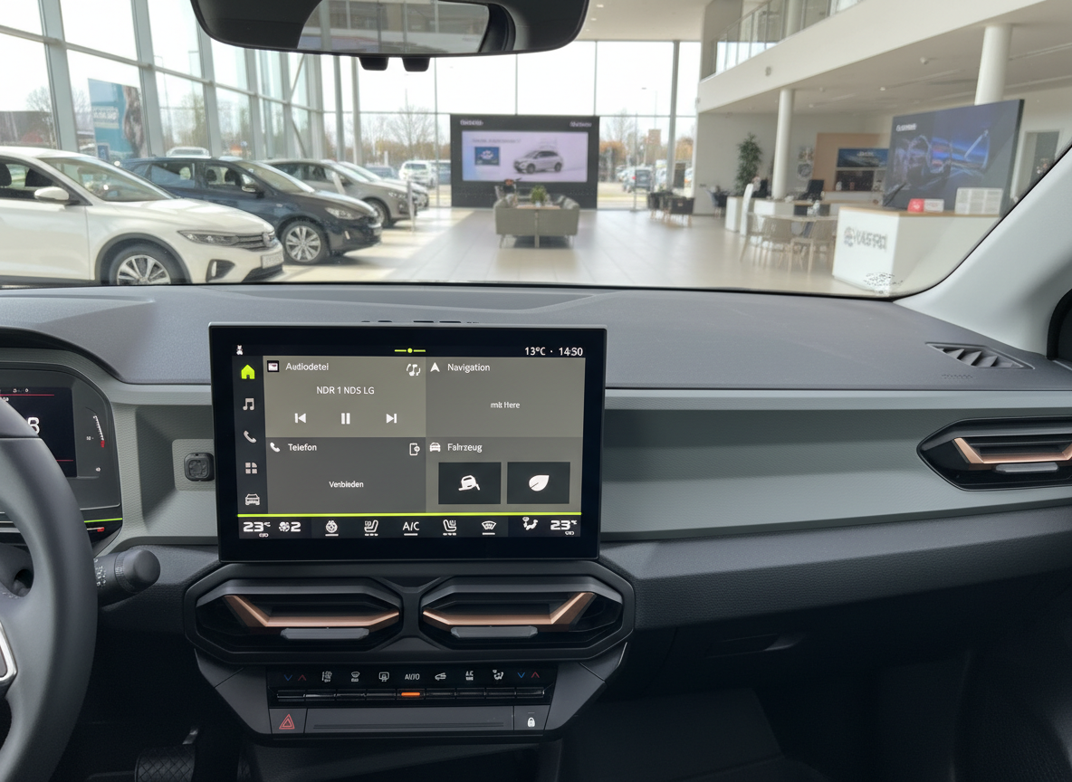Fahrzeug-Innenraum mit Infotainment-Display im Autohaus, Cockpit-Ansicht