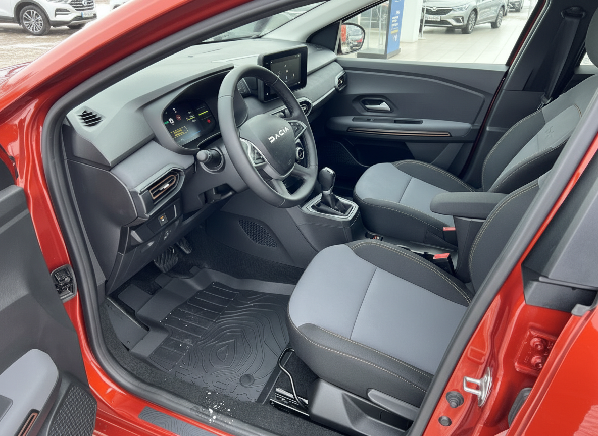 Dacia Innenraum Fahrerseite mit Lenkrad, digitalem Cockpit und grauen Stoffsitzen in rotem Fahrzeug