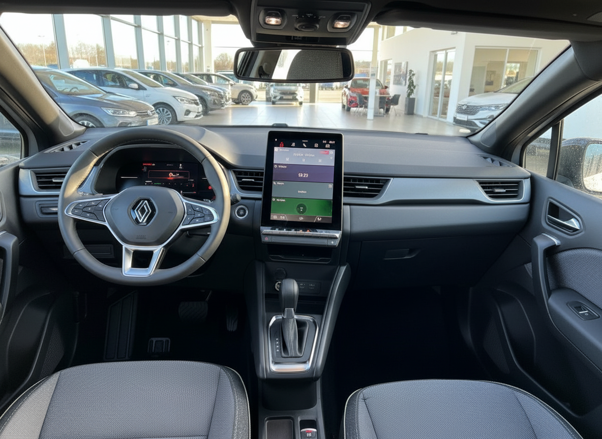 Renault Innenraum mit Lenkrad, Touchscreen und Automatikgetriebe im Autohaus