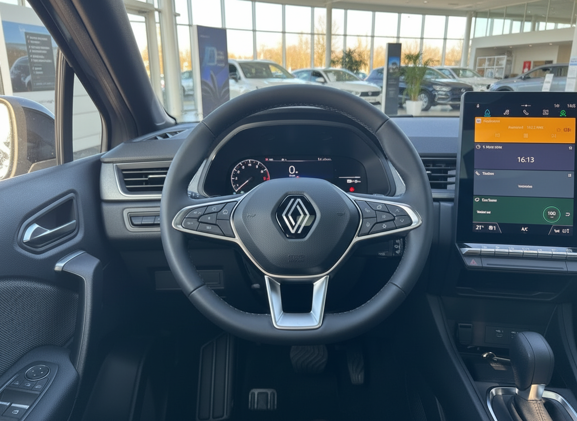 Renault Innenraum mit Lenkrad und großem Touchscreen-Infotainmentsystem im Autohaus