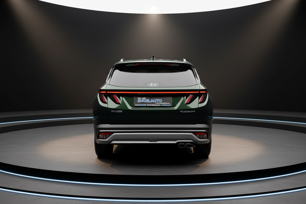 Hyundai Tucson Heckansicht in Dunkelgrün auf Showroom-Drehbühne mit moderner LED-Beleuchtung und markantem durchgehendem Rücklichtband