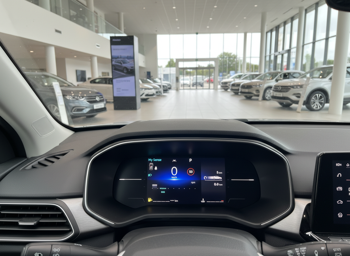 Volkswagen Innenraum digitales Cockpit im Autohaus-Showroom mit modernem Instrumentendisplay