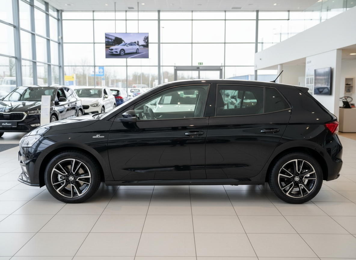Schwarzer Škoda Fabia Hatchback in modernem Autohaus – Seitenansicht