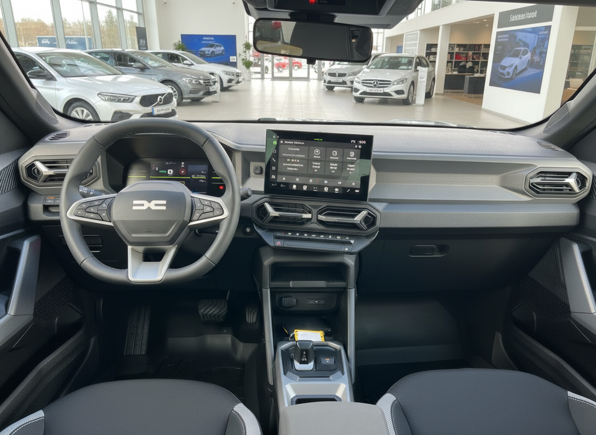 Dacia Innenraum mit Lenkrad, digitalem Cockpit und zentralem Touchscreen im Autohaus