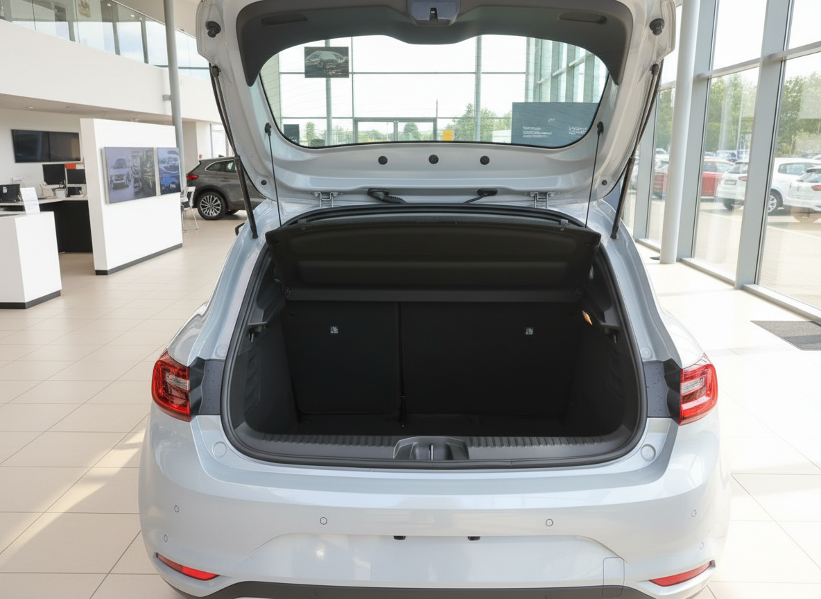 Silbernes Fahrzeug mit geöffnetem Kofferraum im Autohaus – geräumiger Laderaum