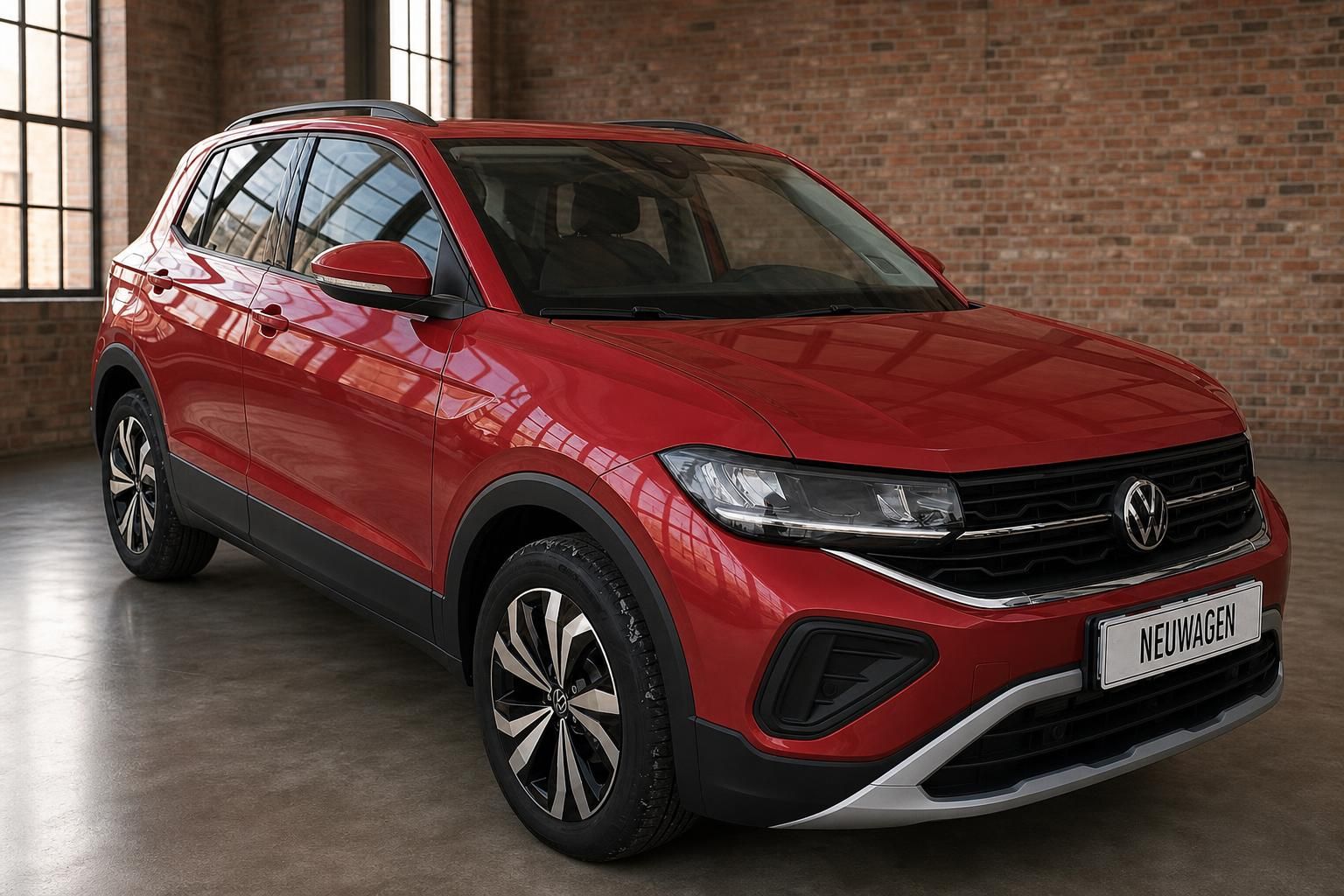 VW T-Cross rot Frontansicht schräg links – Neuwagen mit schwarzem Dach und Leichtmetallfelgen