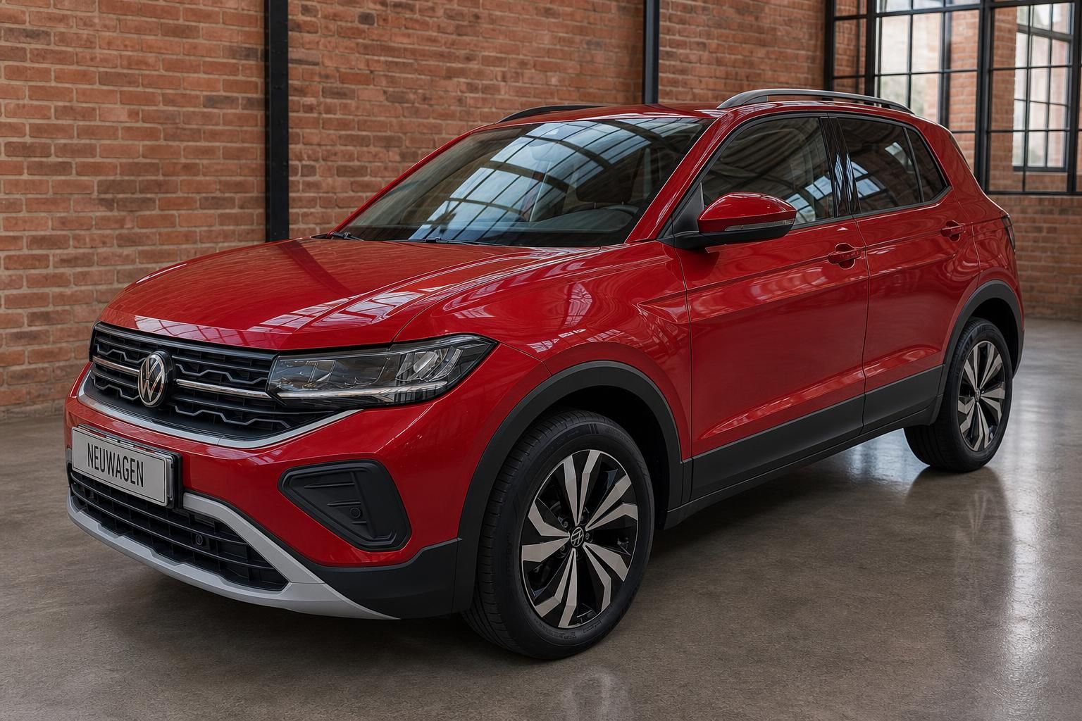VW T-Cross rot Neuwagen Schrägansicht vorne rechts – SUV mit Panoramadach und Leichtmetallfelgen
