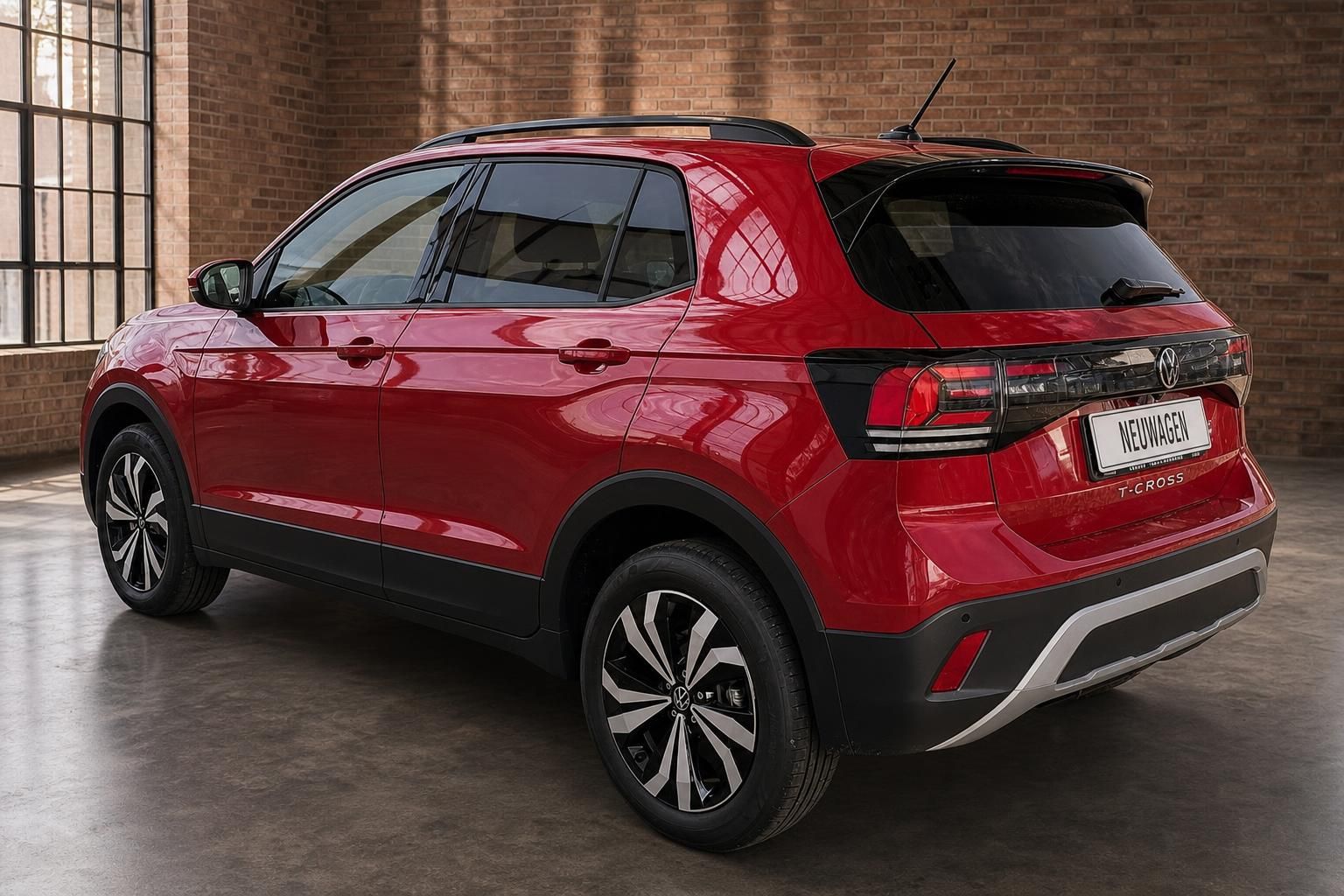 VW T-Cross rot Neuwagen Heckansicht – SUV mit LED-Rückleuchten und T-Cross Schriftzug
