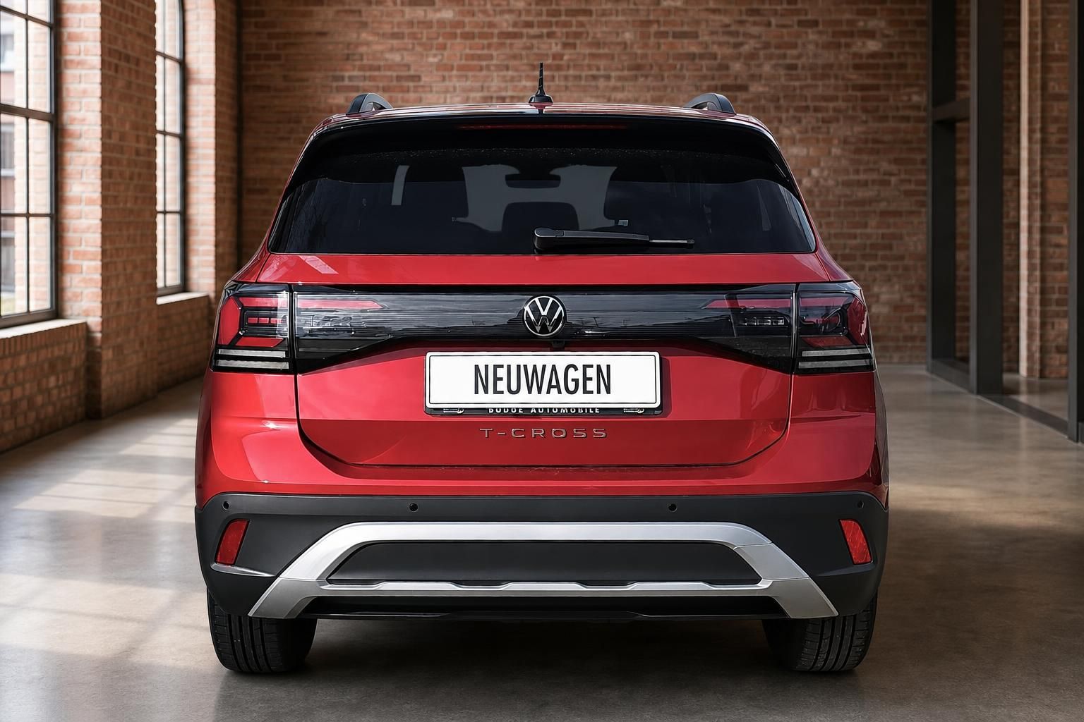 VW T-Cross rot Heckansicht gerade – Neuwagen mit LED-Rückleuchten und Dachreling