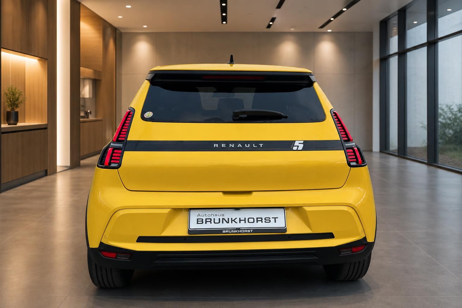 Gelber Renault 5 Elektroauto - Heckansicht mit LED-Rückleuchten im Autohaus
