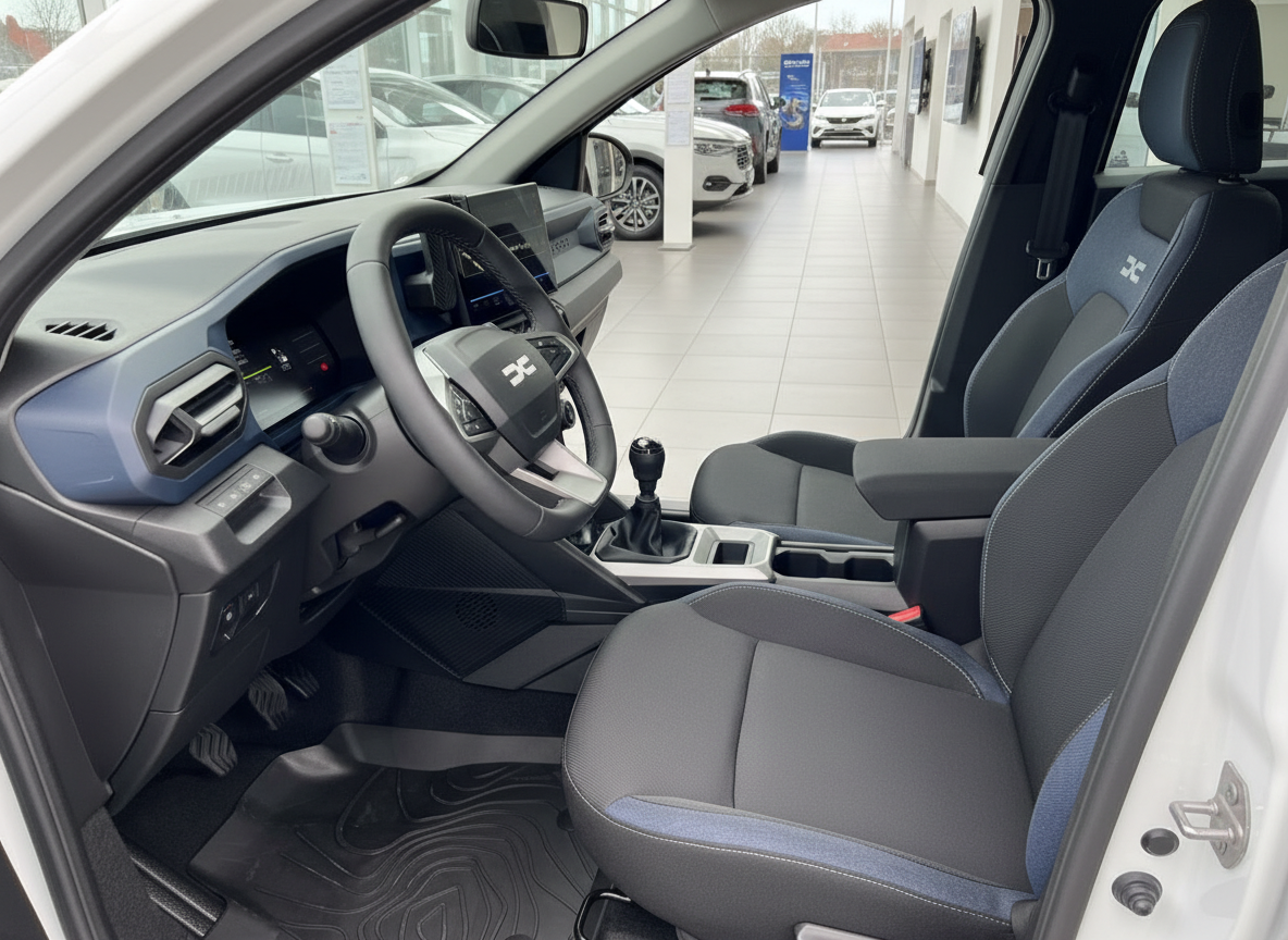 Dacia Innenraum mit Ledersitze, Schaltgetriebe und digitalem Cockpit im Autohaus