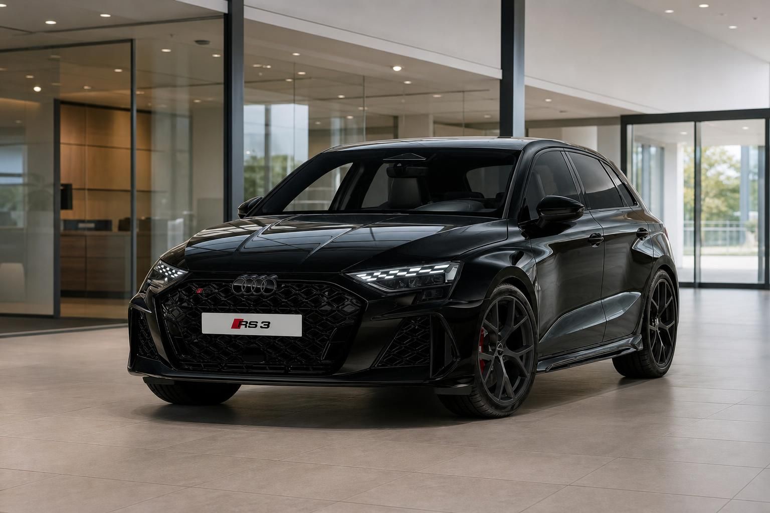 Audi RS3 schwarz, Frontansicht mit Sportfelgen im Showroom