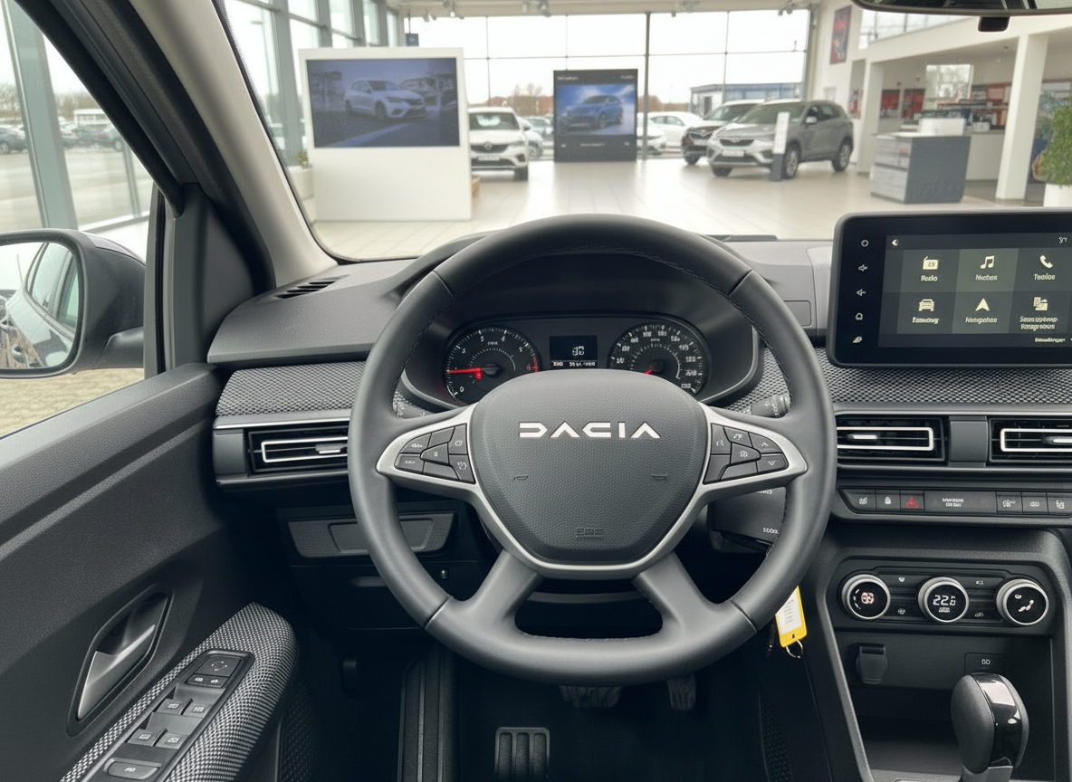 Dacia Innenraum mit Lenkrad, digitaler Instrumententafel und Touchscreen-Infotainmentsystem im Autohaus