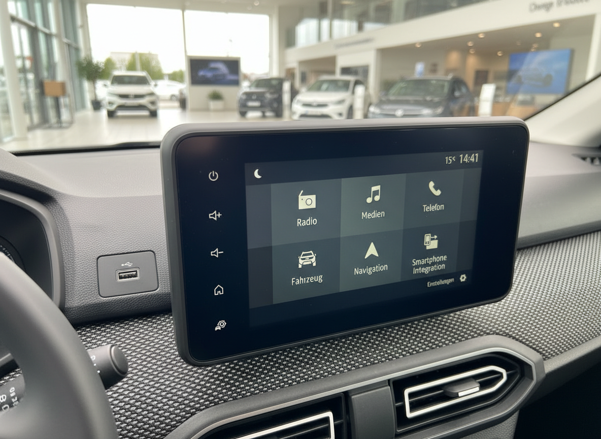 Infotainment-Touchscreen im Fahrzeug-Innenraum mit Navigation, Radio und Smartphone Integration