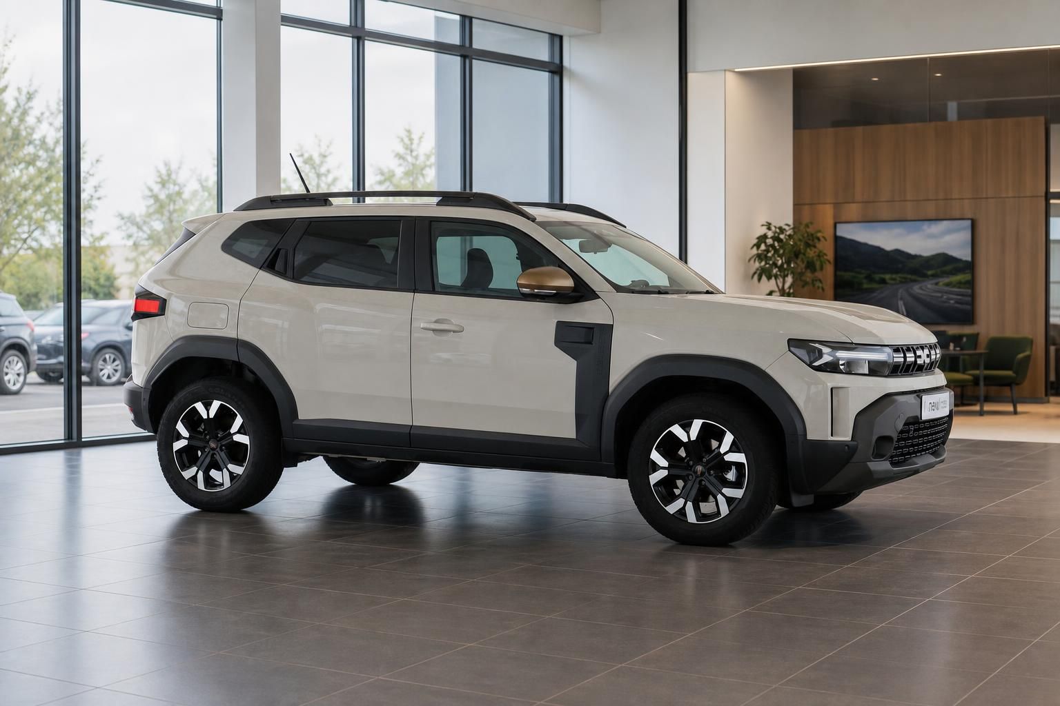 Dacia Duster in Weiss, Seitenansicht im Autohaus-Showroom