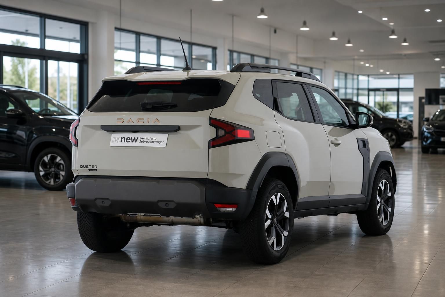 Dacia Duster Gebrauchtwagen, Heckansicht mit Kennzeichenhalter im Autohaus
