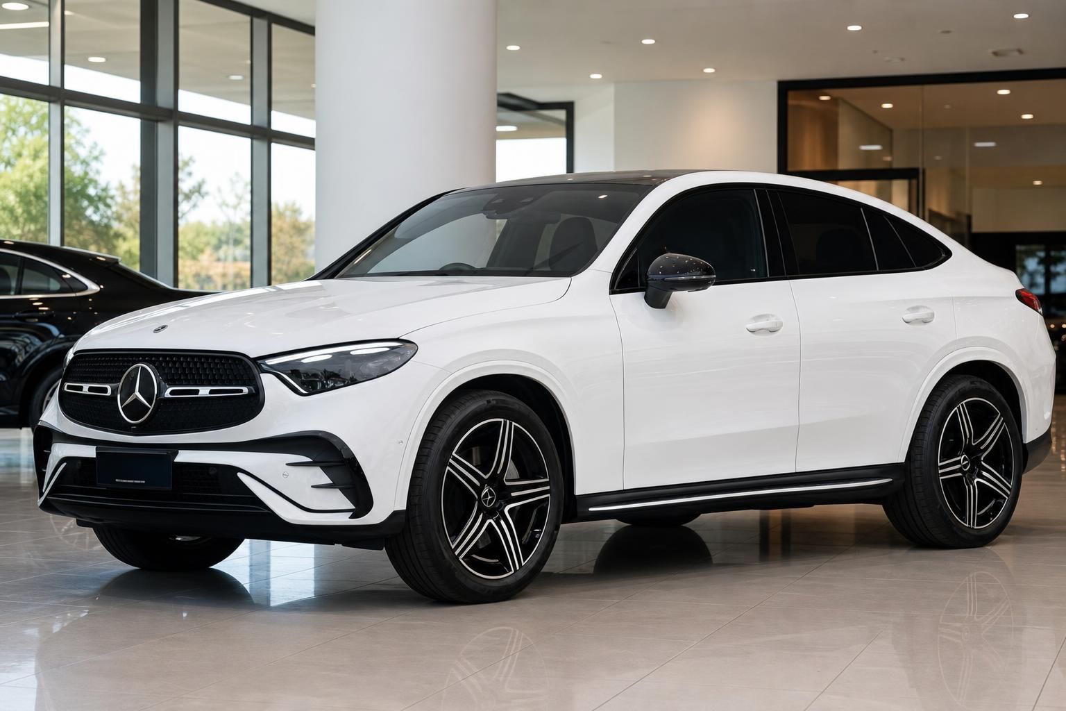 Mercedes-Benz GLC Coupe weiss, Seitenansicht im Showroom