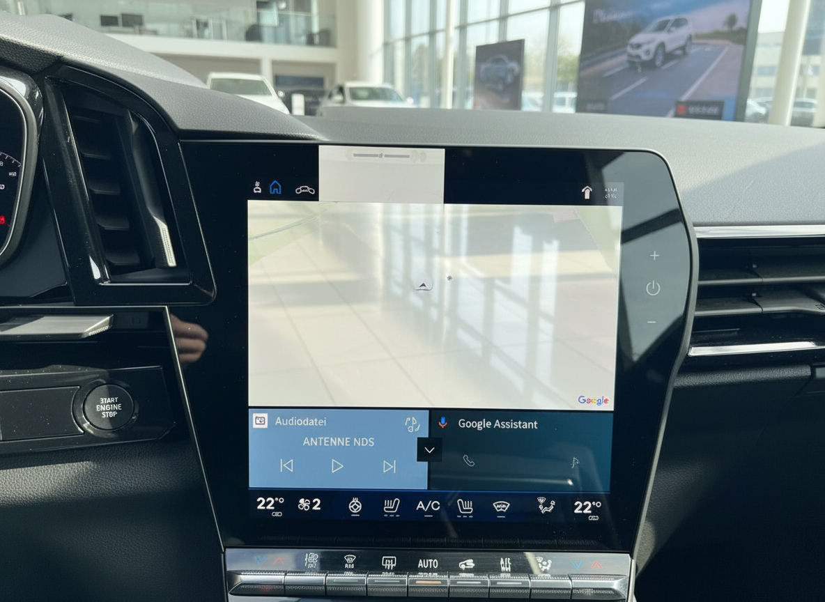 Fahrzeug-Infotainmentsystem mit Google Maps Navigation und Google Assistant Innenraumansicht