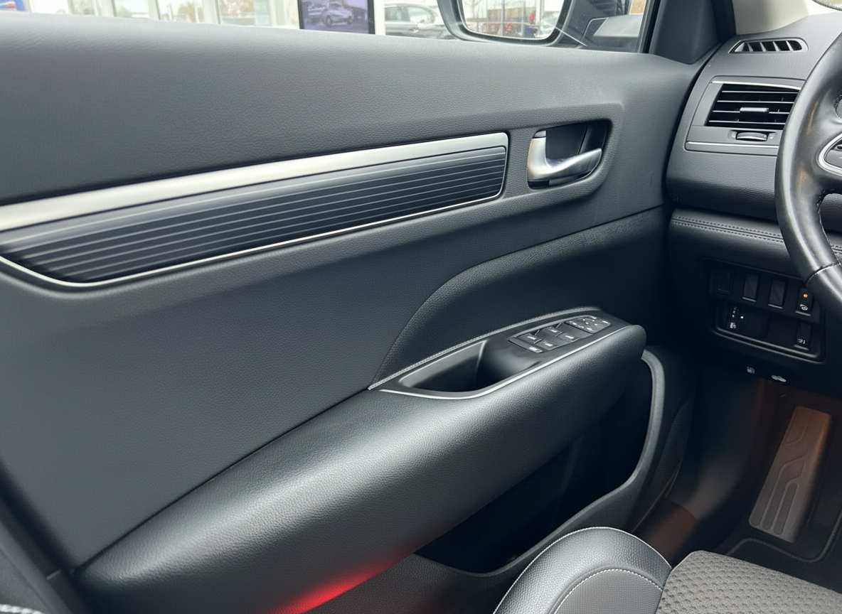 Schwarzes Fahrzeug Innenraum Fahrertür mit Fensterheber, Türgriff und Leder-Verkleidung