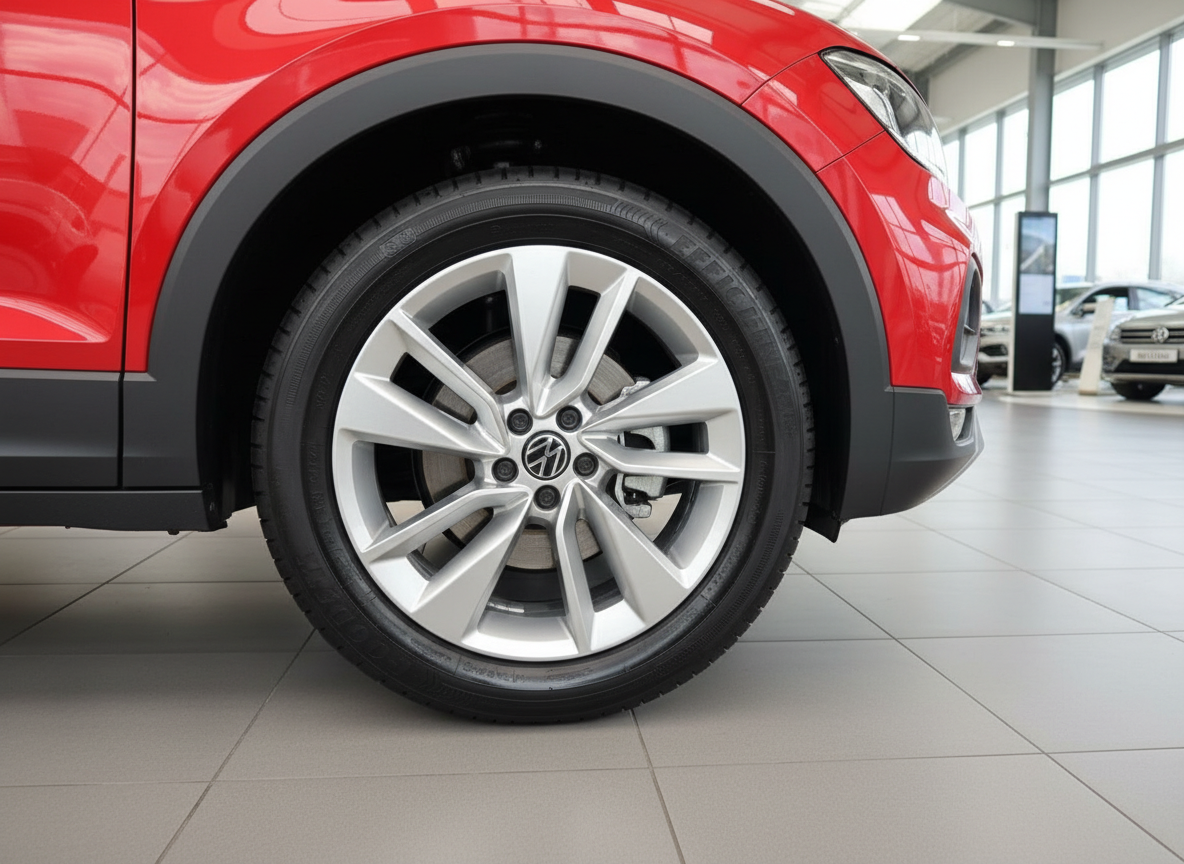 Roter Volkswagen T-Roc Detailaufnahme Vorderrad mit Silber-Leichtmetallfelge im VW Autohaus