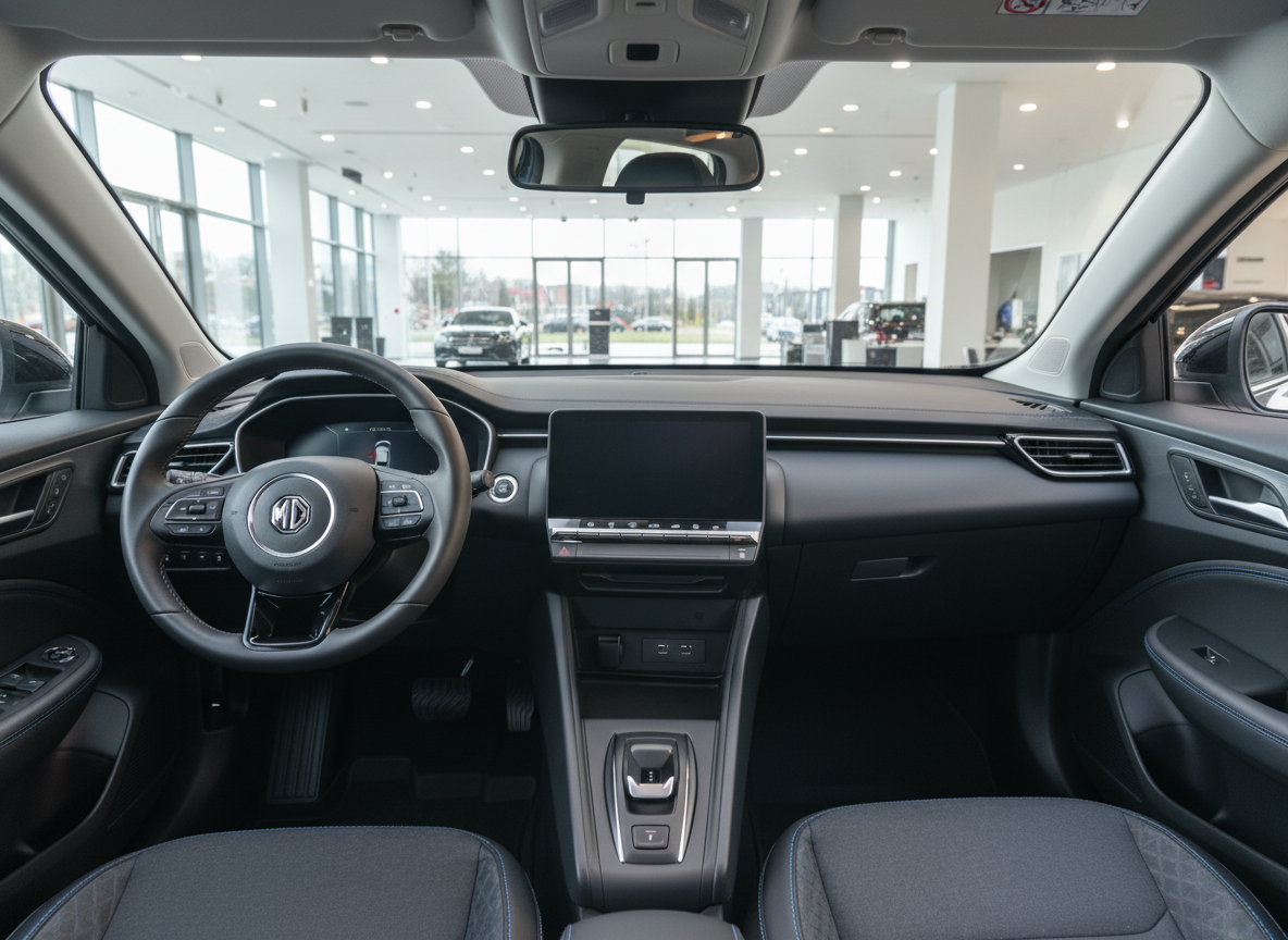 MG Innenraum mit Lenkrad, Touchscreen und modernem Cockpit im Autohaus