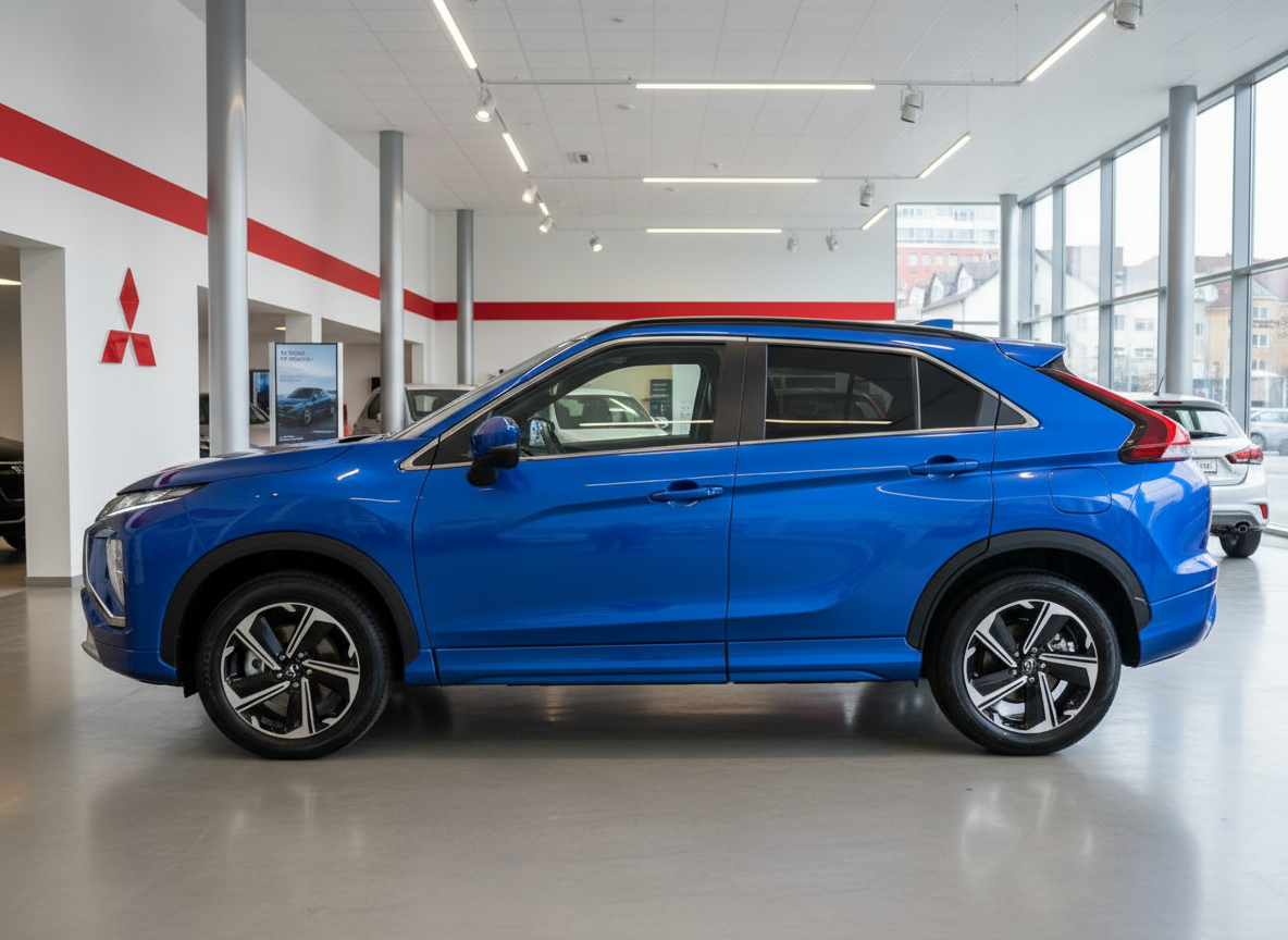 Mitsubishi Eclipse Cross in Blau metallic – Seitenansicht im Autohaus-Showroom