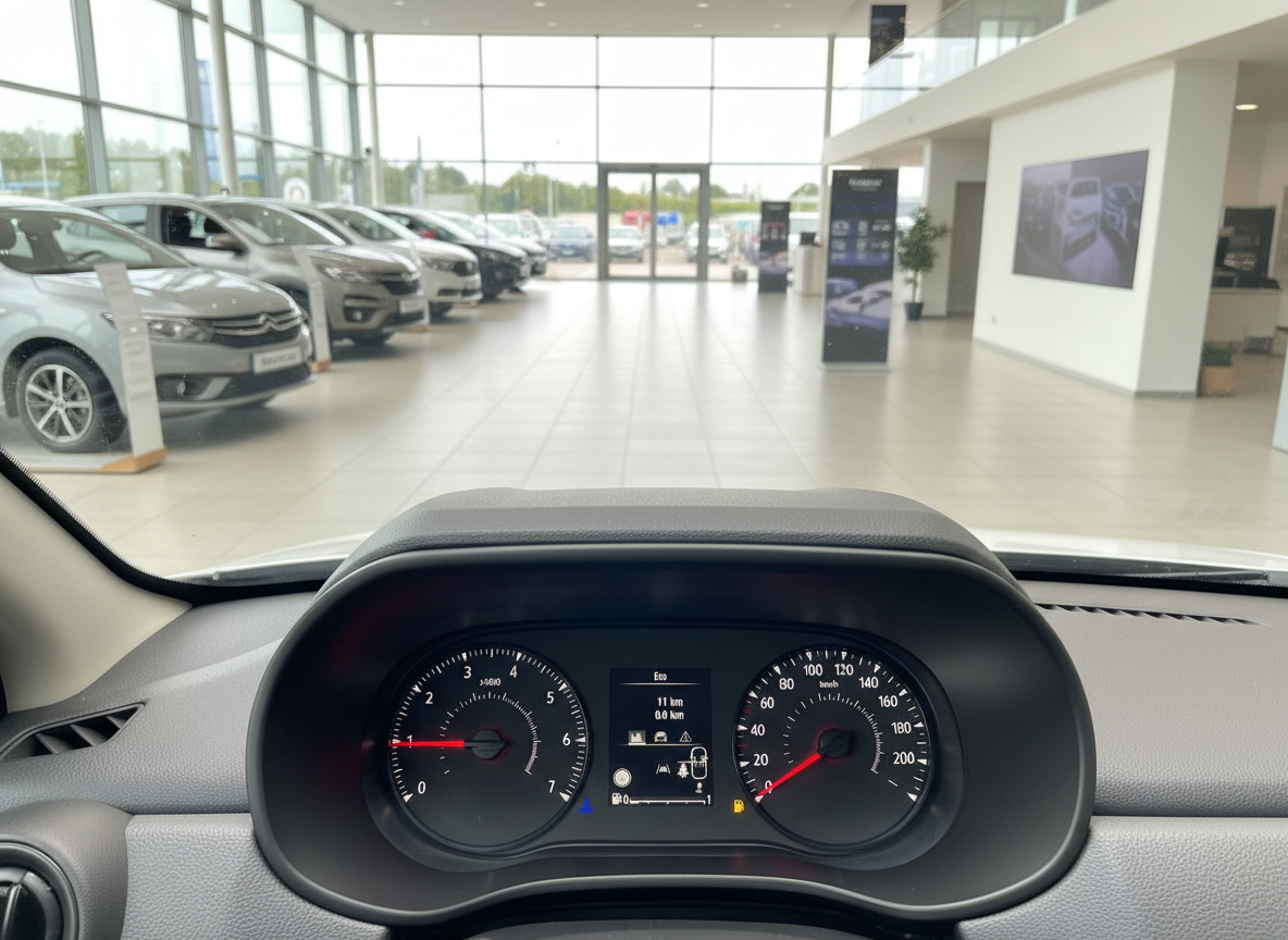 Cockpit-Ansicht Renault Neuwagen im Autohaus mit Tacho und Drehzahlmesser bei 11 km