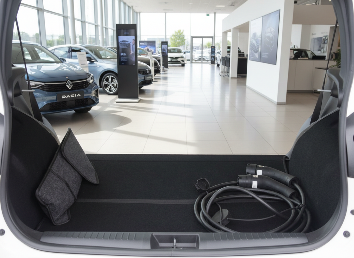 Kofferraum eines weißen Elektroautos mit Ladekabel in einem Autohaus