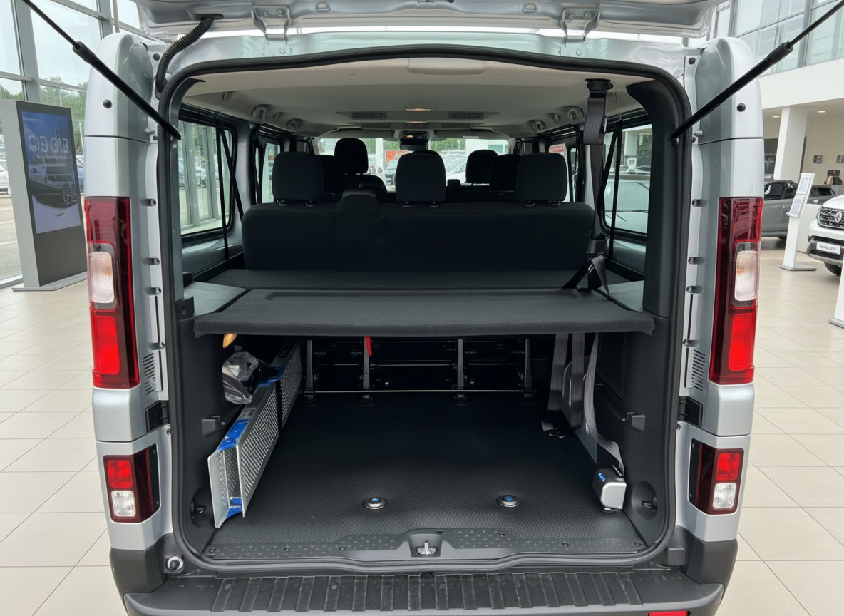 Silberner Transporter Innenraum mit geöffneter Heckklappe, Sitzreihen und Laderaum im Autohaus