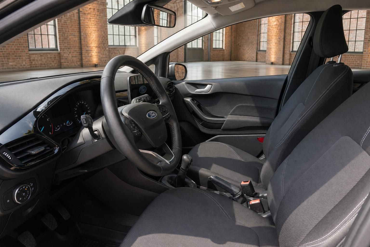 Ford Innenraum Vordersitze mit Lenkrad und Schaltung im Detail