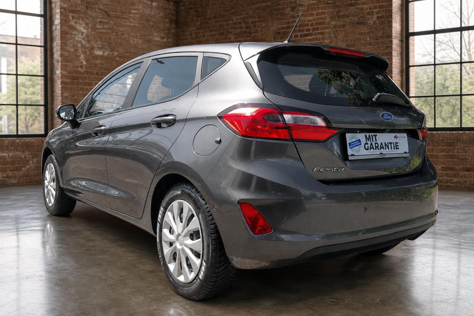 Ford Fiesta grau Heckansicht seitlich mit Garantie-Kennzeichenhalter