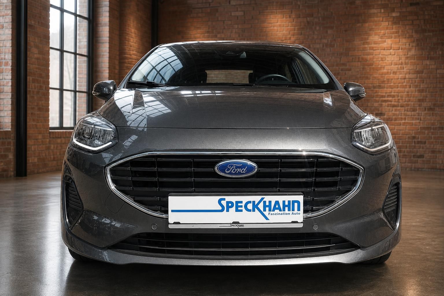 Ford Fiesta grau Frontansicht mit Kühlergrill und Ford Logo