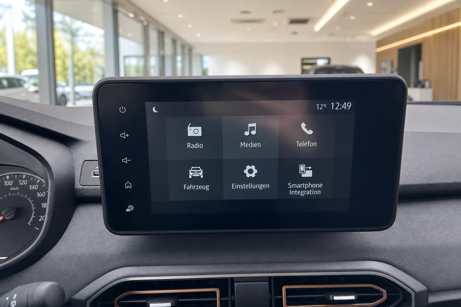 Dacia Infotainment-System Touchscreen mit Hauptmenü und Fahrzeug-Einstellungen