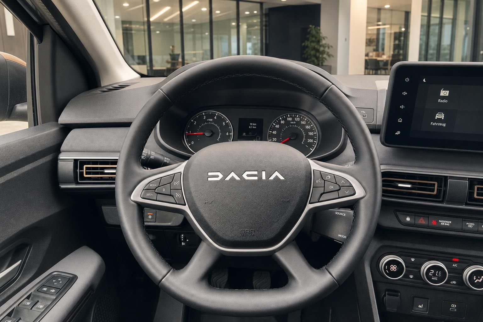 Dacia Fahrzeug Innenraum mit Lenkrad, Armaturenbrett und Touchscreen-Display