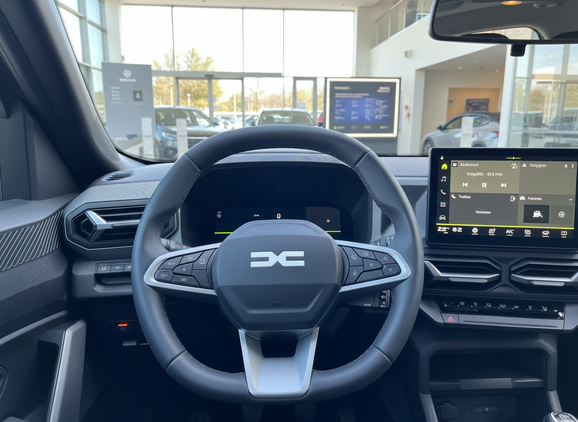 Dacia Innenraum mit Lenkrad und Infotainment-Display im Autohaus
