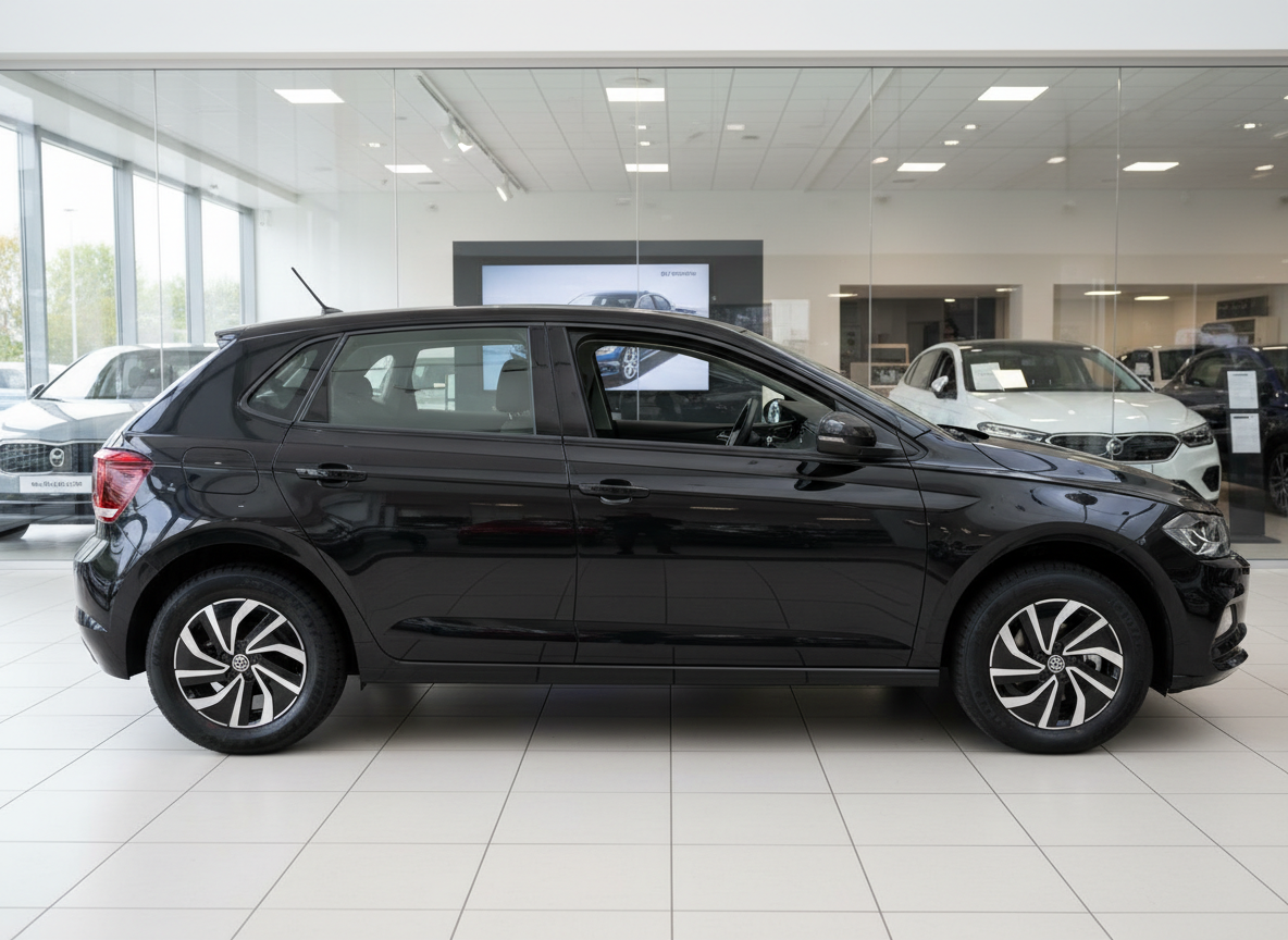 Schwarzer Volkswagen Polo Seitenansicht im Autohaus Showroom