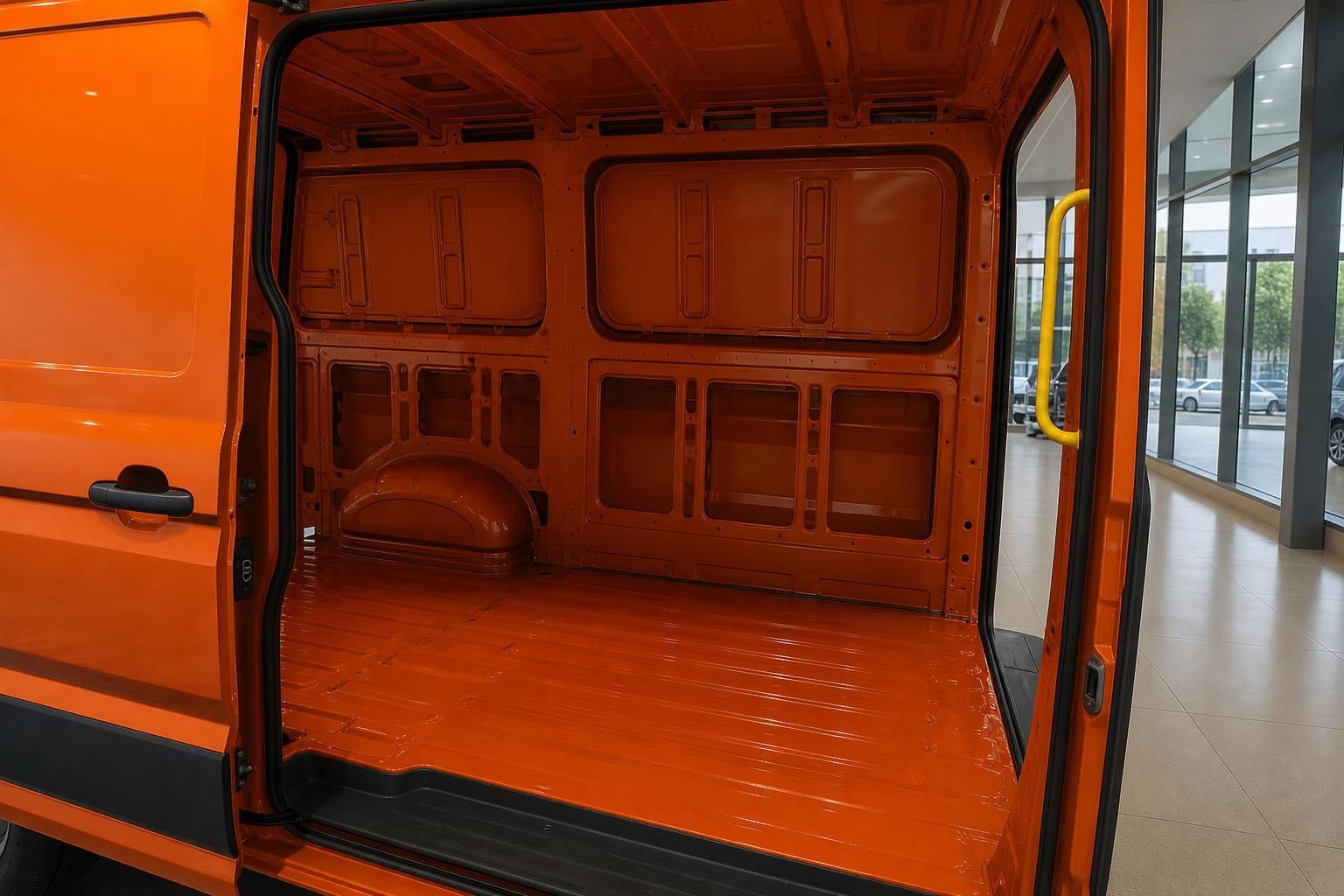 Leerer Laderaum eines orangefarbenen Transporters durch Seitentür