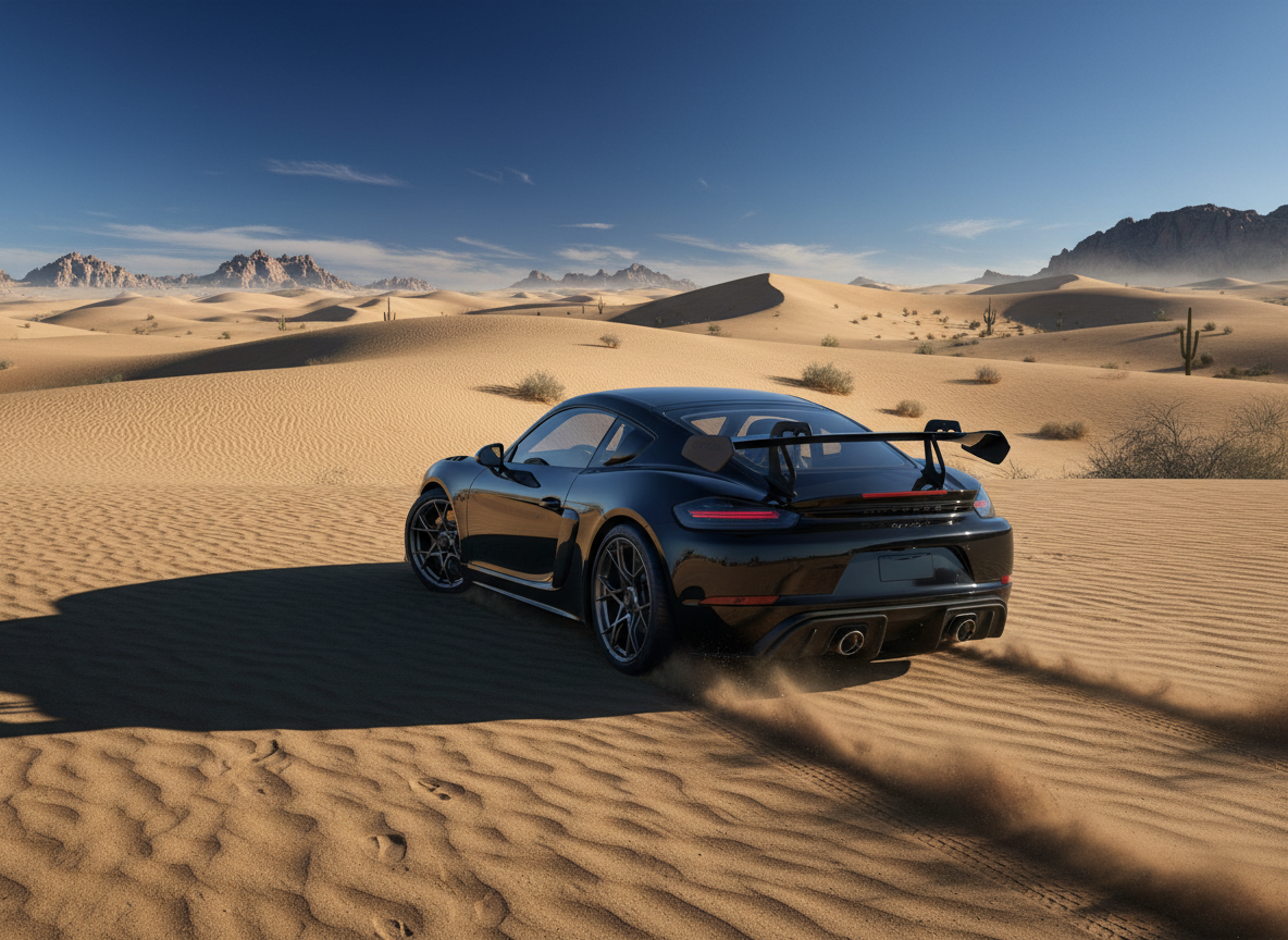 Schwarzer Porsche 718 Cayman GT4 RS mit Heckflügel und bronzefarbenen Felgen im Porsche Showroom Autohaus