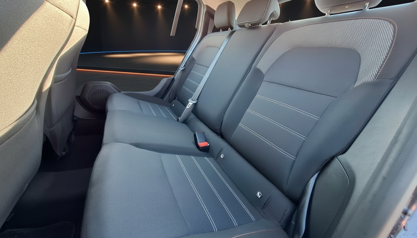 Schwarze Rücksitzbank eines modernen Fahrzeugs mit Sicherheitsgurten und weißen Kontrastnähten