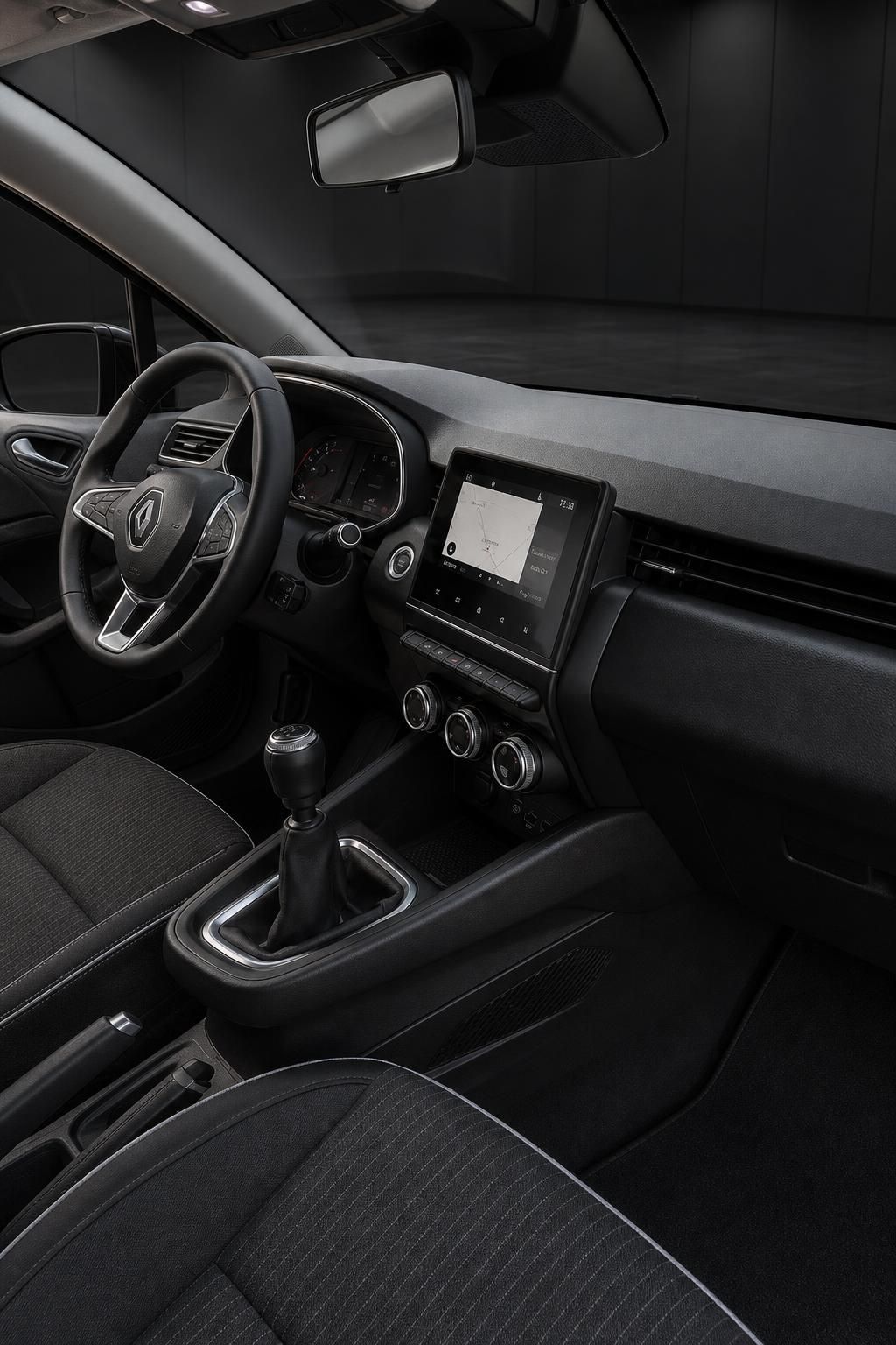 Renault Cockpit Detailansicht mit Lenkrad, Schaltung und Infotainment-Display