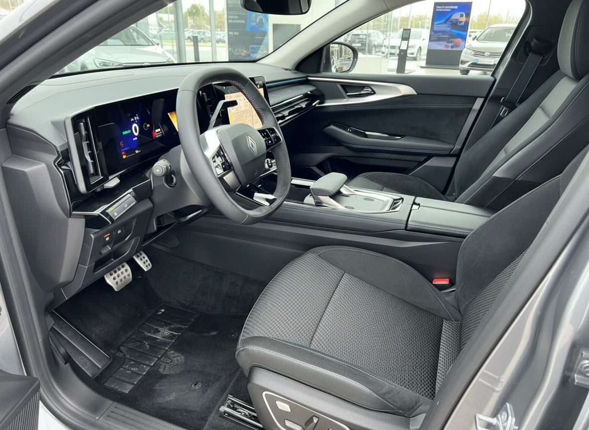 Renault Innenraum mit digitalem Cockpit, Lederlenkrad und schwarzen Stofssitzen