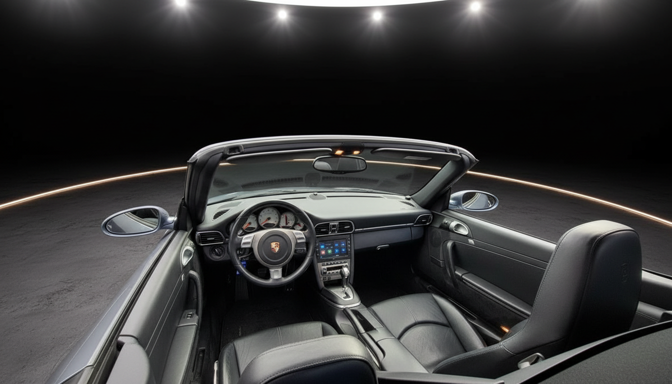 Porsche 911 Cabriolet Innenraum mit schwarzem Leder, Sportlenkrad und Schaltgetriebe