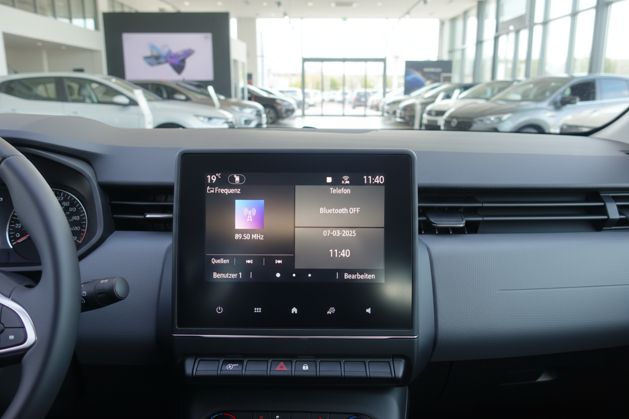Renault Innenraum Infotainment-Display mit Radio und Telefon-Menü im Autohaus