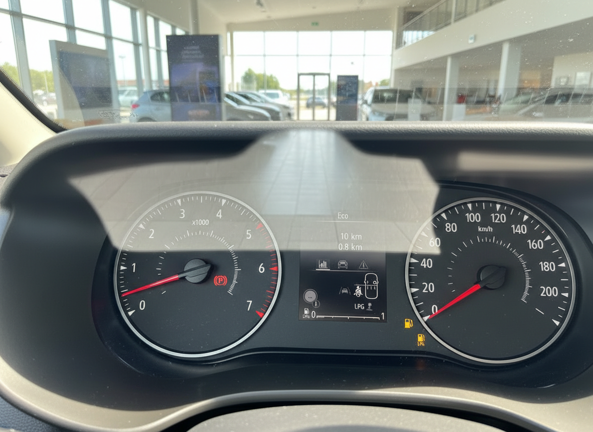 Tacho und Instrumententafel eines Dacia mit LPG-Anzeige und Eco-Modus bei 10 km Laufleistung