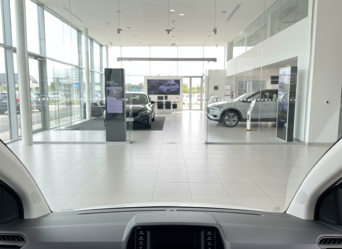 Blick durch Windschutzscheibe ins Autohaus-Showroom mit VW Fahrzeugen