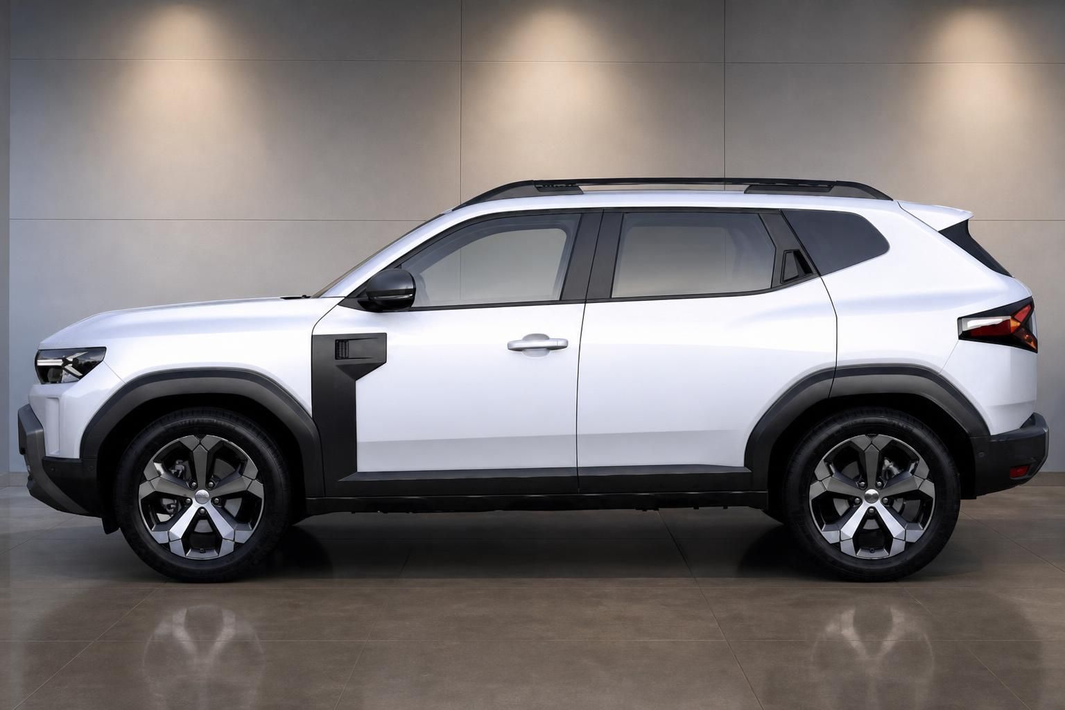 Dacia Duster weiß Seitenansicht im Showroom