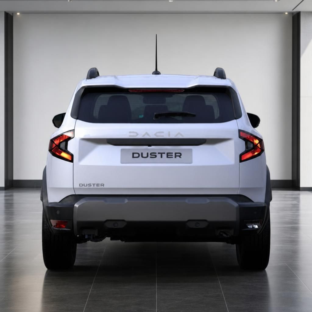 Dacia Duster weiß Heckansicht frontal im Showroom