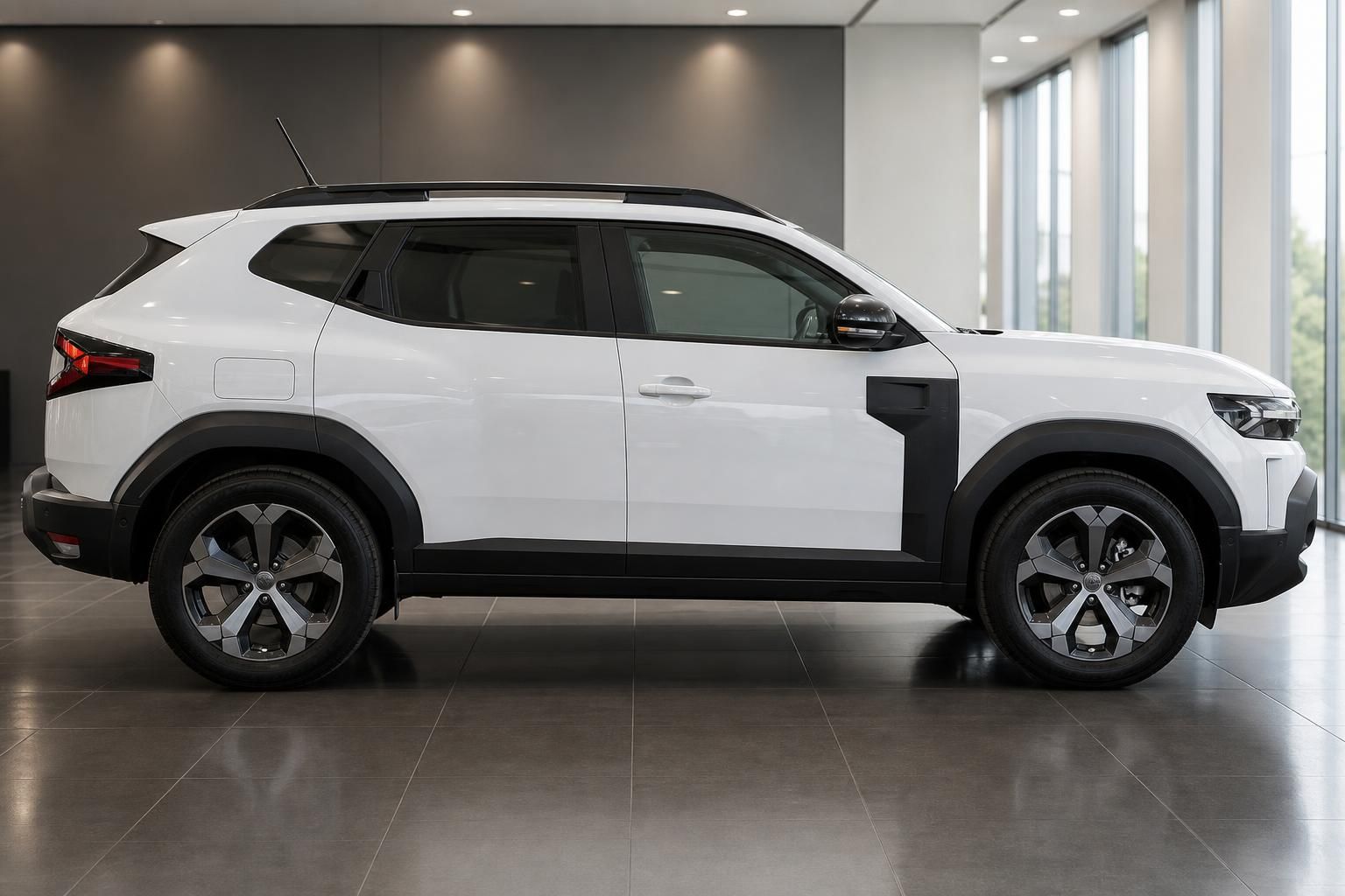 Dacia Duster weiß Seitenansicht im Autohaus