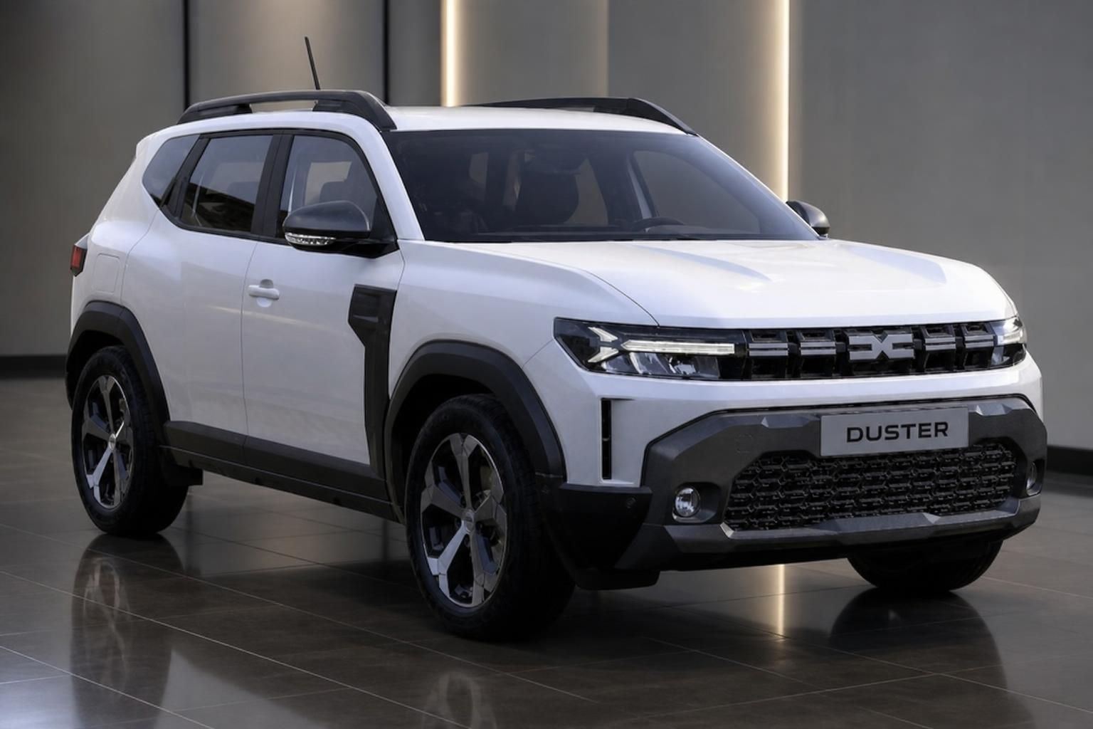 Dacia Duster weiß in Frontansicht im Showroom