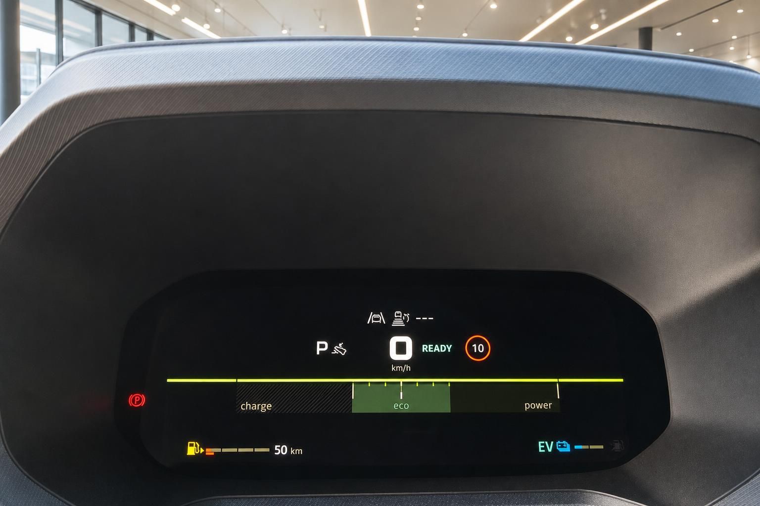 Digitales Kombiinstrument mit Eco-Power-Anzeige im Elektrofahrzeug